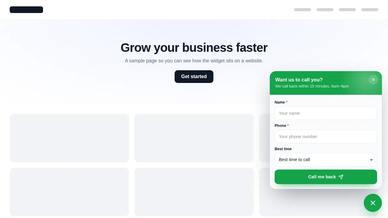 A Request a call-back floating widget open on a sample website: a green panel asking for name, phone and best time to call