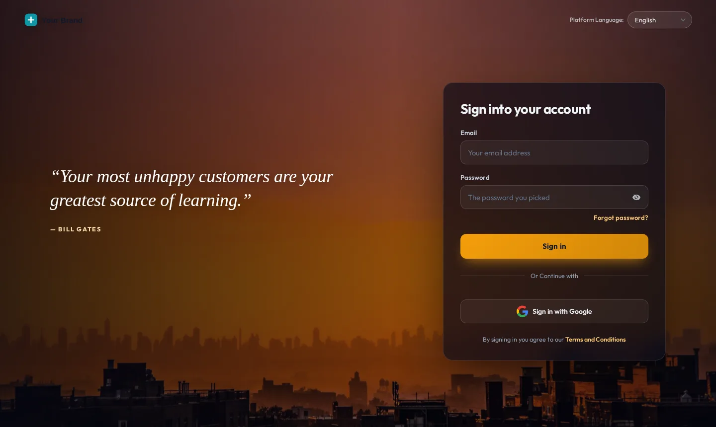 Cinematic login page for a GoHighLevel agency domain, with a city photo backdrop and a frosted sign-in card