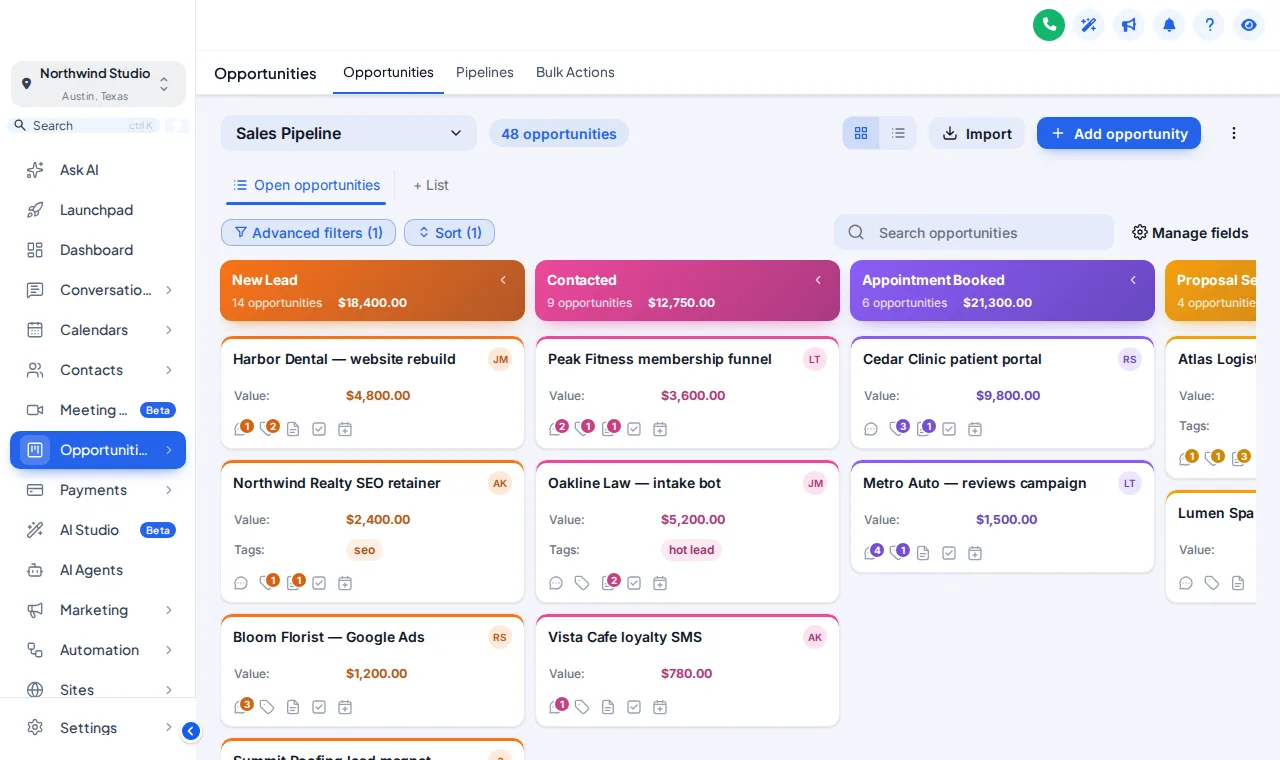 GoHighLevel opportunities board in the Gradient Headers design with the Care Desk theme: orange to violet stage headers above white cards