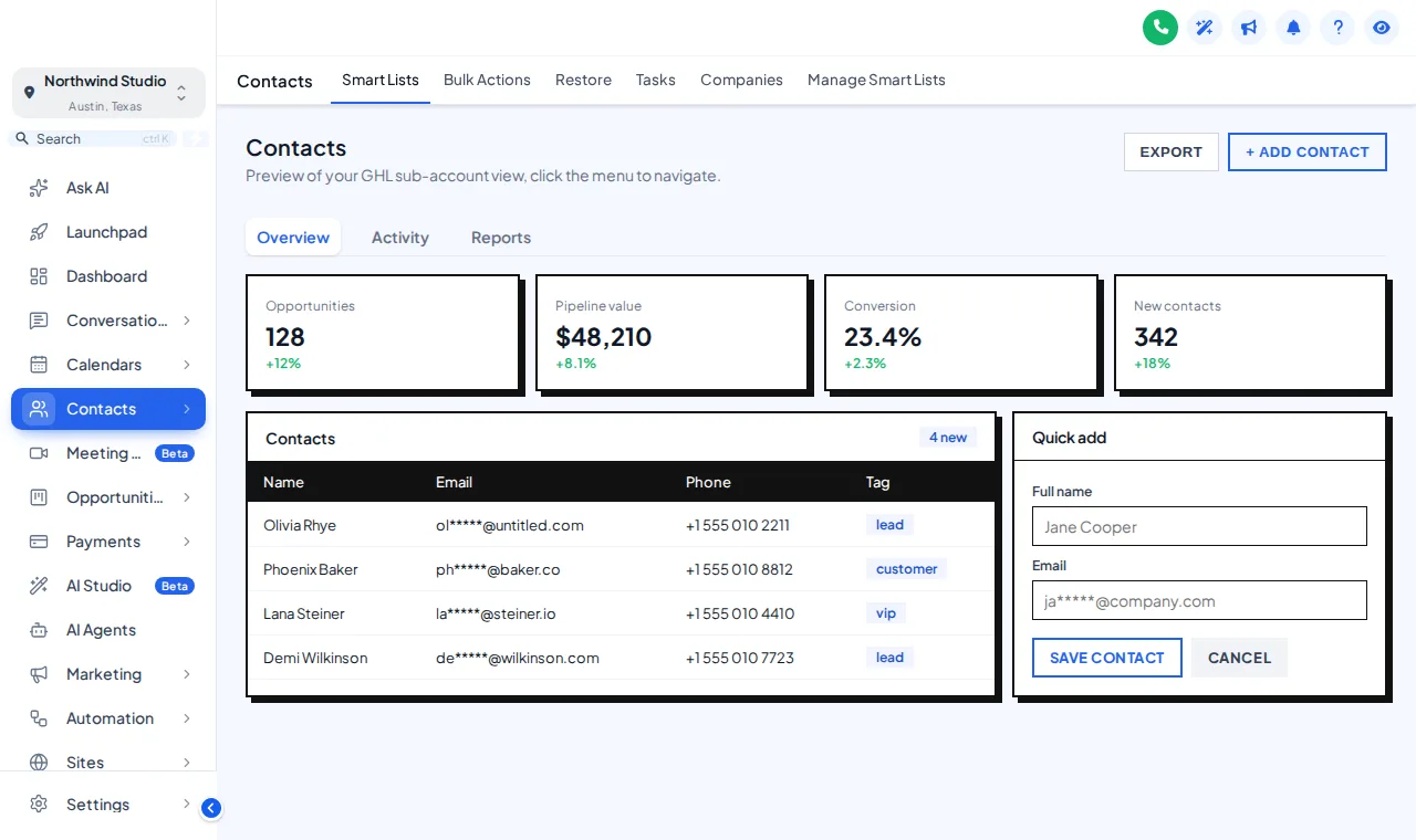 GoHighLevel contacts page restyled with the Care Desk theme and the Brutalist UI kit: thick outlines and hard shadows